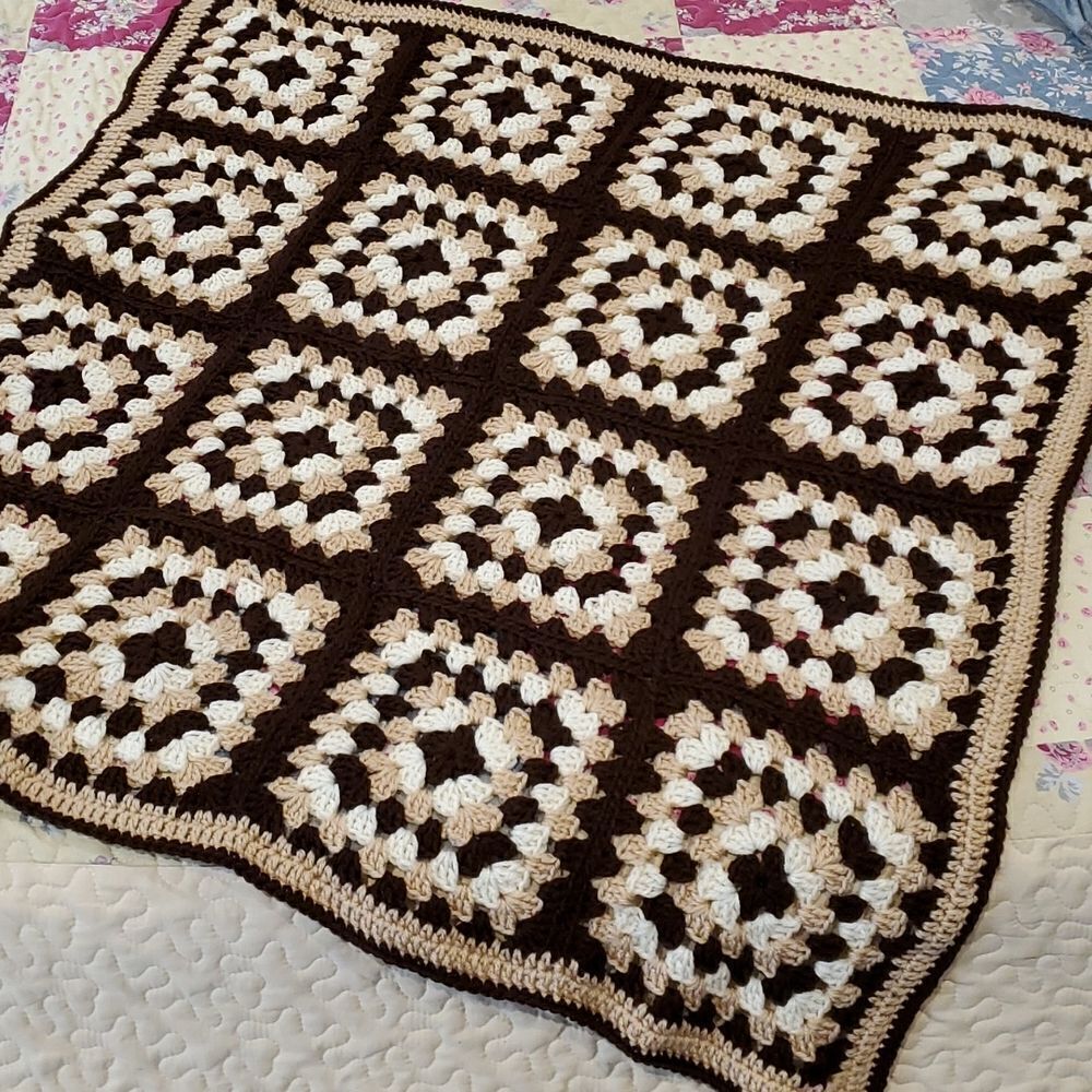 Handmade Brown Cream White Crochet Blanket Small 40" x 40" MCM Vibes!